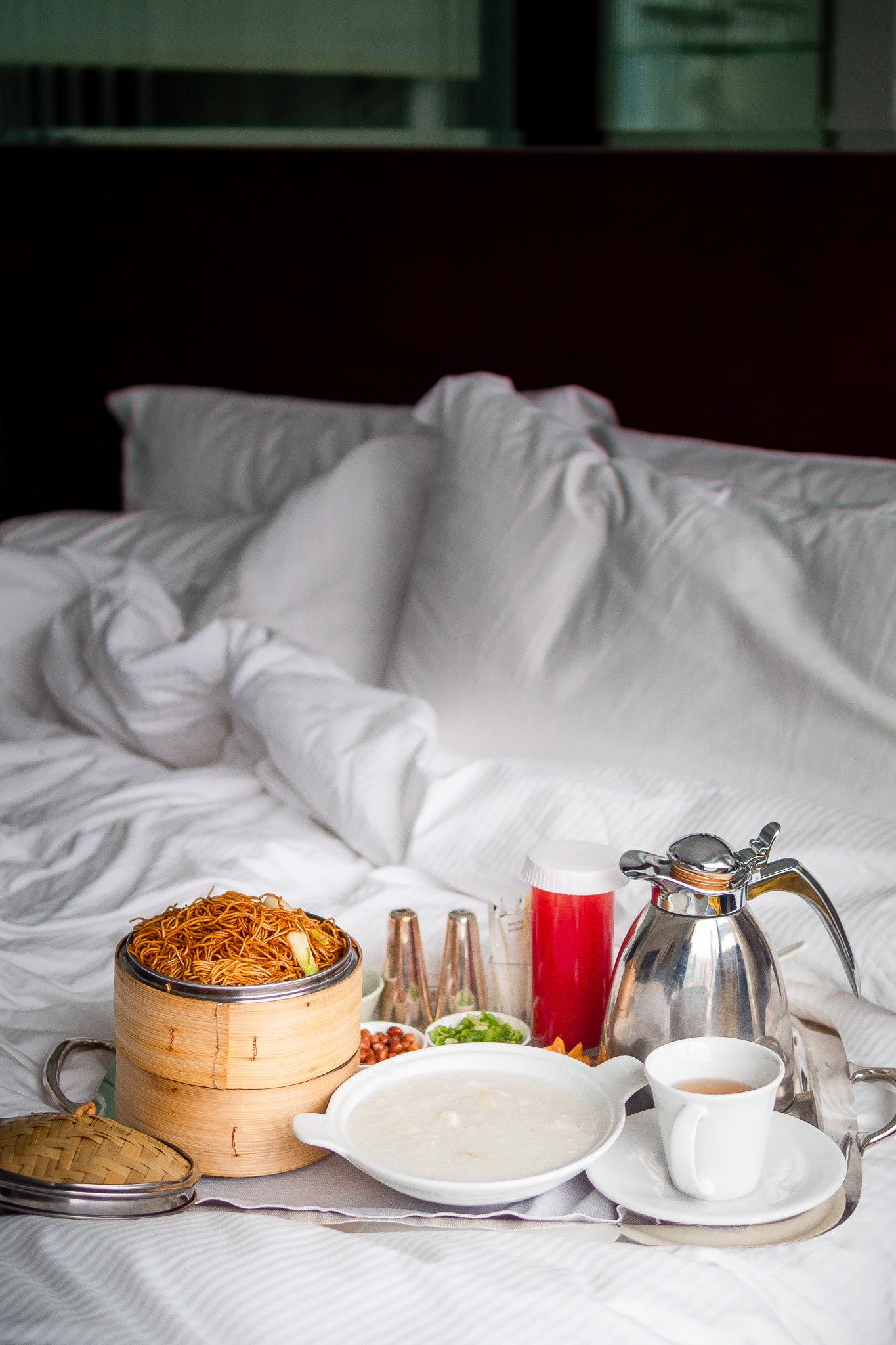 Hong Kong breakfast congee and noodles from a traditional cha chaan teng restaurant