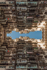 Overhead view of Montaine Mansion colorful apartment buildings in Hong Kong